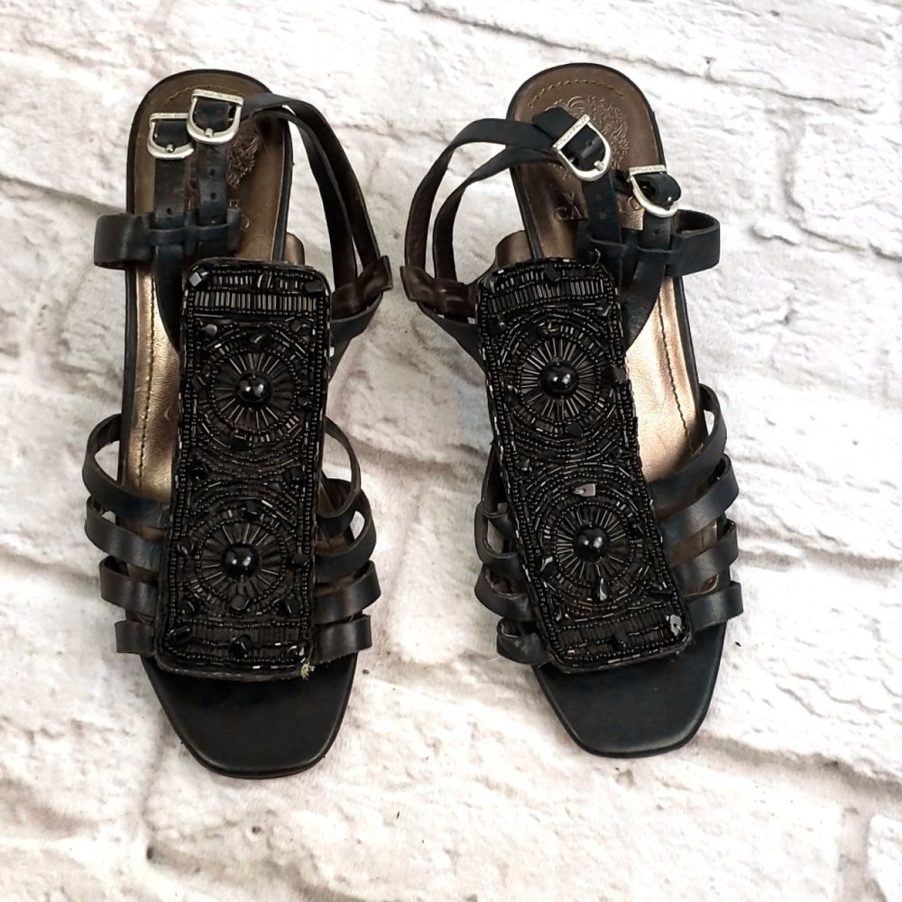 Vince Camuto Black Leather Embellished Wedge Sandals Womens 8.5 Beaded Gladiator - Picture 2 of 7